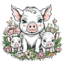 Cartoon Pigs in Flowers