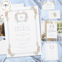 Elegant Blue Pastel Wildflower Crest Bridal Shower