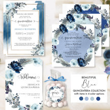 Elegant Blue Watercolor Floral Quinceañera