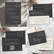 Modern Flat Black Minimalist Monogram Wedding