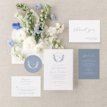 Elegant Dusty Blue Floral Crest Monogram Wedding