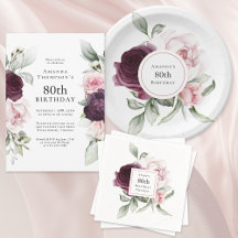 Burgundy and Pink Floral Elegant 80th Birthday