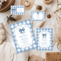 Cute Blue Bow Ribbon Gingham Baby Shower
