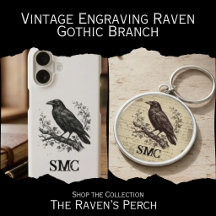 Engraved Branch Raven - Vintage Gothic Art