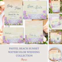 Pastel Beach Sunset Watercolor Wedding Stationery