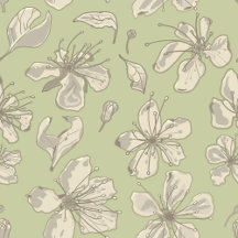 Tossed Blossoms on Olive Green - seamless pattern.
