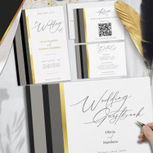 Elegant Black Gray Gold Stripes Typography Wedding