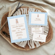 Rustic Bear Blue Watercolor Gingham Baby Shower