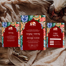 Vibrant Indian Folk Art Elephant Dark Red Wedding