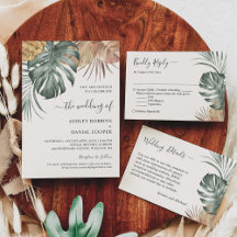 Bohemian Tropical Monstera Leaves Invitation Suite