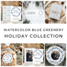 Elegant Watercolor Blue Greenery Holiday