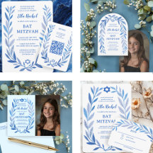 Botanical Vines Watercolor Bar Bat Mitzvah Blue