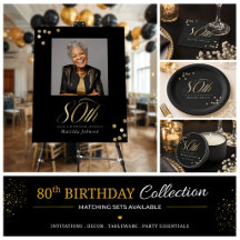 80th Birthday Brushed Gold and Black Elegant Theme