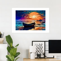 Ocean scenes with boat, sunsets, beaches.