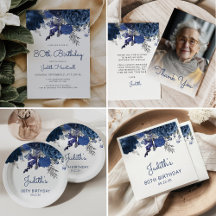 Navy Blue Silver Floral 80th Birthday Party