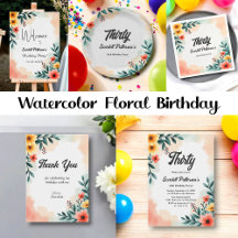 Rustic Watercolor Floral Elegant 30th Birthday