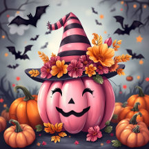 Pink, Blue and Black Whimsical Halloween Pumpkin
