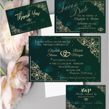 Elegant Gold Hearts Frame Green Invitations