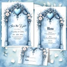 An ornate light blue archway with floral accents, 
