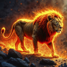Majestic Fire Lion Roaming a Fiery Landscape