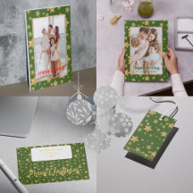 Vintage Christmas green gold stars pattern