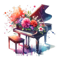 Watercolor Piano and Pretty Flowers 