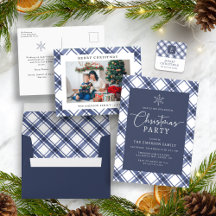 Blue and White Photo Buffalo Plaid Christmas Cards