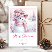 Cute pink snowman winter Christmas Cards #67S