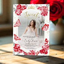 Watercolor Floral Red Photo Sweet 16