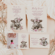 Pink Girl Floral Highland Cow 1st Birthday