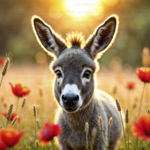 Adorable Baby Donkey in a Golden Field of Poppies