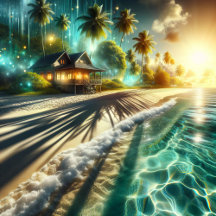 Beach Home at Sunset with Palm Trees and Ocean  