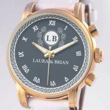 Vintage Style Floral Monogram Navy Background Watc