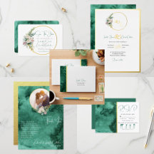 Emerald Green Watercolor & Gold Wedding Stationery