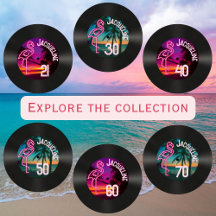 Retro Record Tropical Neon Flamingo Invitations