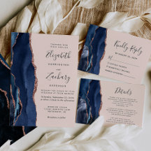 Navy Blue Agate Rose Gold Blush Wedding Suite