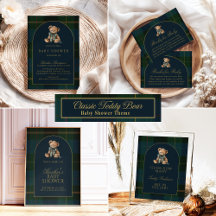 Classic Teddy Bear Green + Blue Plaid Baby Shower