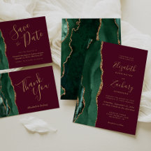 Emerald Green Agate Gold Script Burgundy Wedding