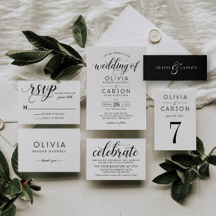 Moderne Schwarz-Weiß-Kalligrafie-Hochzeit RSVP Karte
