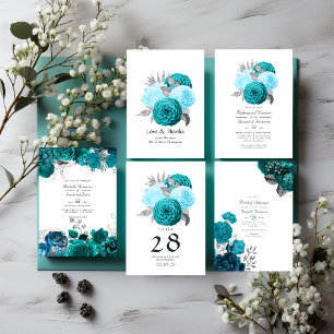 Invitation Turquoise et Silver Floral Mariage QR Code Rsvp