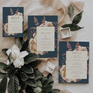 Invitation Élégant Rose d'ivoire Floral or Turquoise Mariage 