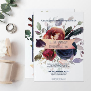 Invitation Photo Boho Rose Gold Burgundy Marine Floral Mariag
