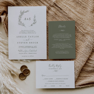 Invitation Minimal Leaf   Olive Green Formal Monogram Wedding