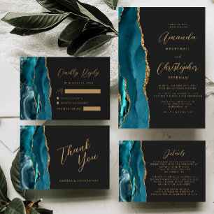 Invitation Turquoise Blue Agate Gold Script Ardoise Mariage