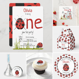 Invitation Mignonne Black Red Ladybug Motif 1ère fête d'anniv