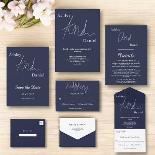 Invitation Elégant Marine Bleu Blanc Moderne Simple Mariage