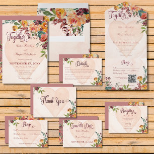 Invitation Tout En Un Bijou de Pêche Coeur Boho Floral Code QR