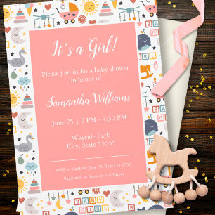 Invitation En Aluminium Cute Baby Girl Pink Pattern Baby Shower Gold