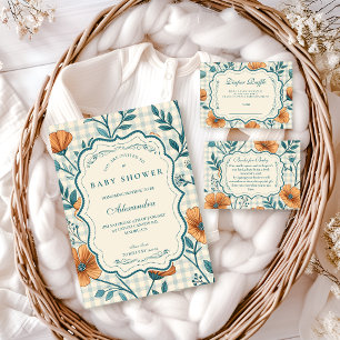 Invitation Baby Shower Fleurs de Pêche à Carreaux