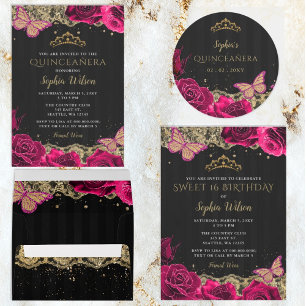 Papier Budget Rose Roses Noir Quinceañera Invitation